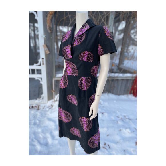 60s Cotton Day Dress Midi Groovy Floral Paisley Print Black Pink Yolk Waist - Picture 6 of 16